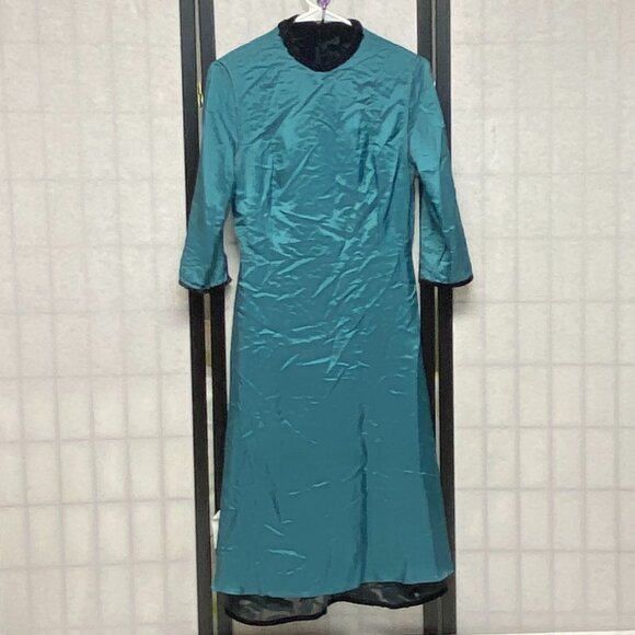 Rick Rhe Handmade Italy Silk Velvet Devore ¾ Sleeve Lined High Neck Ruffle Dress - Picture 5 of 13